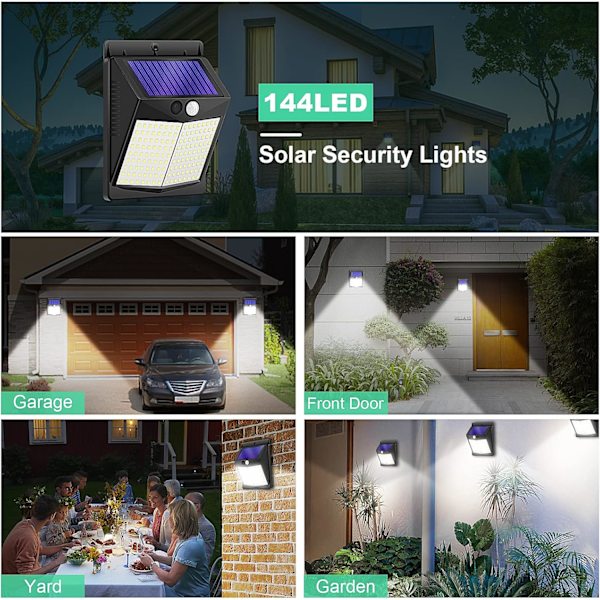 Rörelsedetektor Solcellslampor - Solenergidriven Säkerhetslampa Utomhus Väggbelysning 144 LED Trädgårdsgårdsstaketlampor IP65 Vattentät Extern Sensor Pir-lampor
