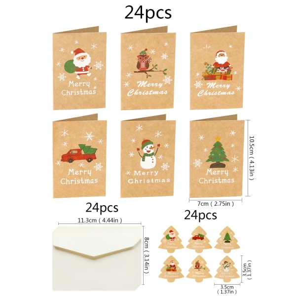 24 kpl Pienet joulukortit kirjekuorilla Merry Christmas Kraft-onnittelukortti Joulumuistiinpanokortit sinettitarroilla 6 mallia