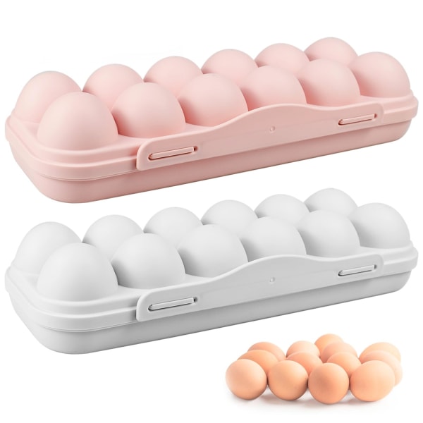 2-pack täckta ägghållare, 12 galler ägghållare för kylförvaringsbehållare för äggförvaring Plast kylskåp äggbrickor Äggförvaringslåda med lock Passar (24 ägg）