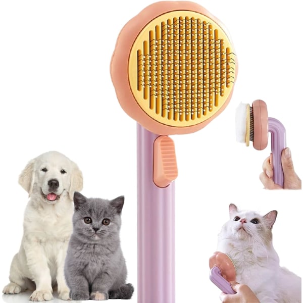Cat Brush Hundborste - självrengörande kattvårdsborste, snyggare borste, för trassel och lös päls, borste för långa kort-/korthåriga husdjur (LILA) Purple