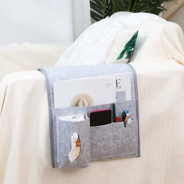 Sengveske, Oppbevaringsveske for seng, Hengeveske for sofa, Organizer for nattbord, Telefon, Fjernkontroll, Dagbok, Penn, Magasin, Lunnettes (Grå) grey