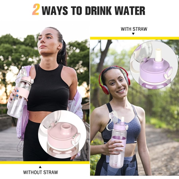 Vattenflaska med sugrör, 1 l med flaskborste och klistermärke, läckagefri dryckesflaska, BPA-fri klarvattenflaska Pink