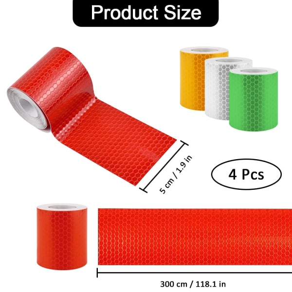 Reflekterende tape, 4 stk reflekterende advarselstape, refleks advarselsklistremerker for sikkerhetspåminnelse, vanntett reflekterende tape, rød, gul, hvit, grønn