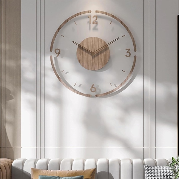 Dekorativ väggklocka i vintage-stil, rund väggklocka i trä med öppen design, modern konstväggklocka för vardagsrumsinredning, tyst number