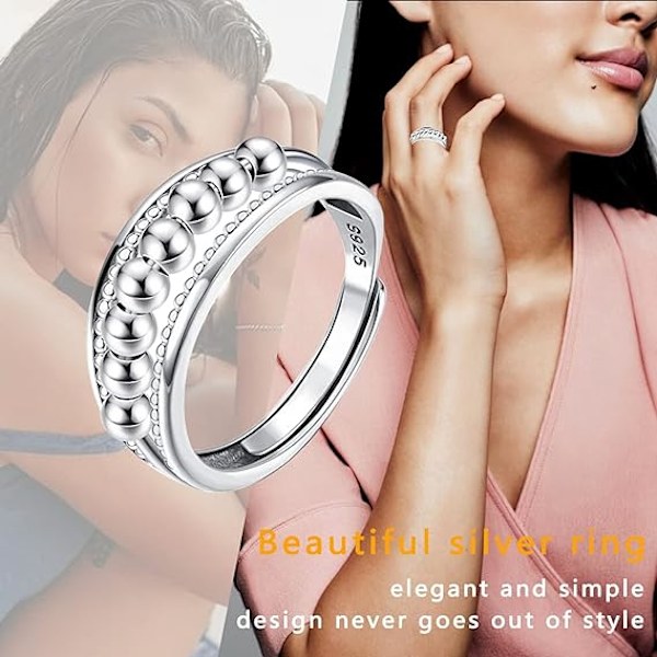Ångestdämpande ring, silverfärgad ring med snurrande pärlor, justerbar ring, silverpläterad stressavlastande present för ångestlindring, retro, massivt smycke