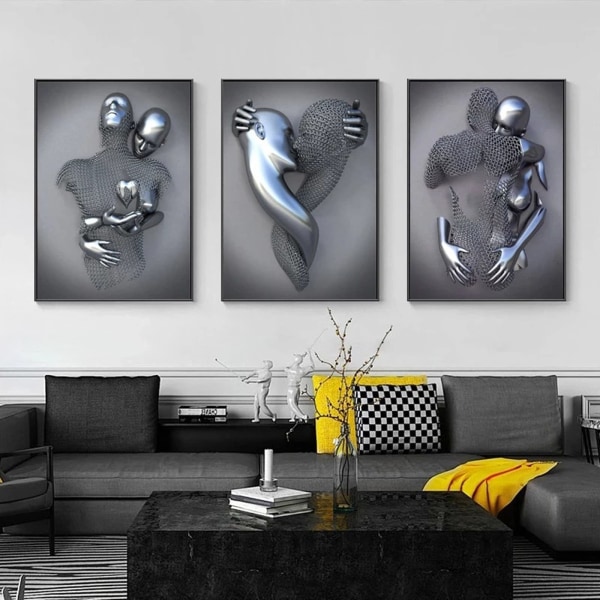 Kanvasseinäkoristelu makuuhuoneeseen, mustavalkoinen romanttinen pariskuntamaalausjuliste, 3D-kuva abstraktilla metalliveistostehosteella 30*40cm