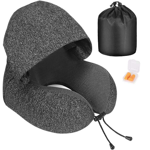 Nakkepute Memory Foam, Reisepute med hette, Komfortabel nakkepute med hette for fly, bil, tog, kontor, nakkepute Reise for soving Dark Gray