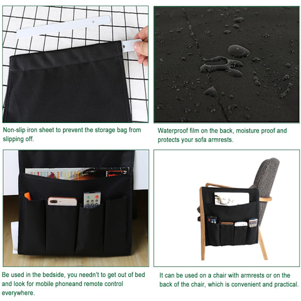Soffarmstödsorganisatör Tidskrifter Fjärrkontrollhållare Vattentät Caddy Bag Soffa Förvaringsväska för iPad Mobiltelefon Böcker Näsdukar Snacks black