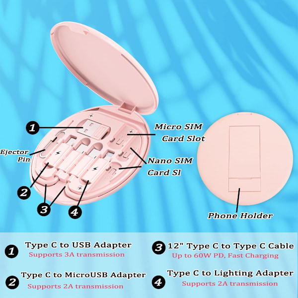 Multifunktionell datakabel förvaringsbox adapter för Lightning, USB-C och Micro-USB enheter Universal dataöverföringskabel (Rosa)
