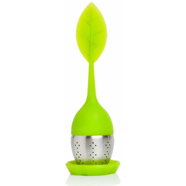Silikone Teinfuser til Løs Te - Langt Bladformet Håndtag - Rustfrit Stål Si, Grøn (1 stk.)