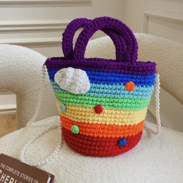 Håndlavede regnbuetasker til kvinder,håndlavede gaver stråtaske Uld strikket regnbue rygsæk mulepose Håndvævet skuldertaske håndtaske
