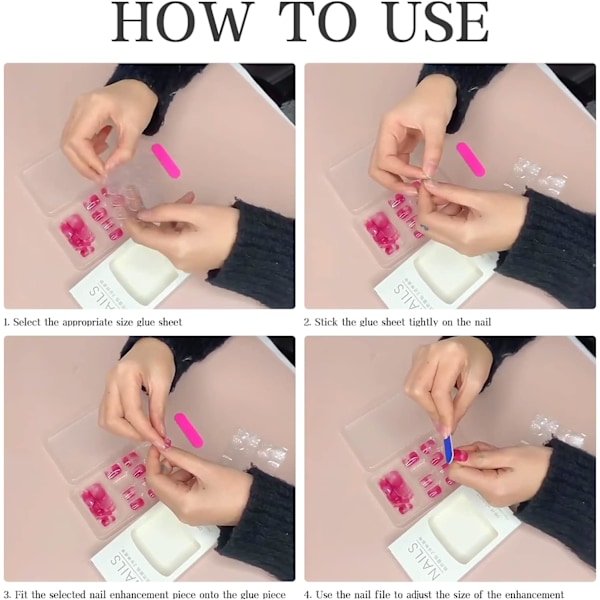 24st Kort Kista Falska Naglar Vit Rosa Ombre Stick-on Naglar Press-on Naglar med Glitter Sekvenser Avtagbara Lim-on Naglar Falska Naglar Akryl