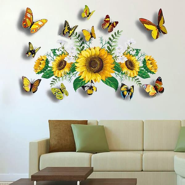 3D Fjärilsväggdekaler Gul Blomma Väggdekaler Solros Väggdekaler Väggdekaler för Sovrum Vardagsrum Badrumsdekor