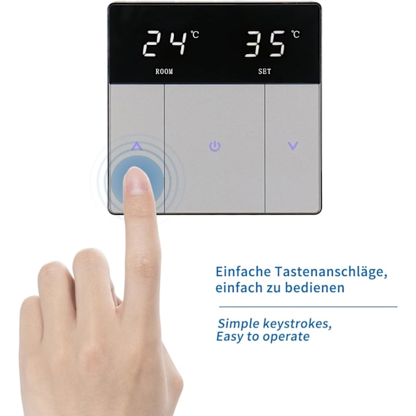 Gulvvarme Touch Button Varmetermostat, Energibesparende og nem at bruge AC230V 10A til gulvvarme Sort