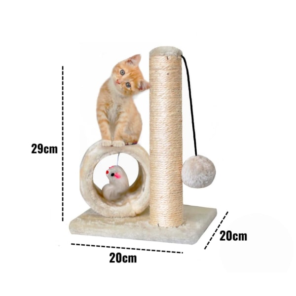 Kattekradsestolpe, trætårn og tunnel - Killingetårn 29 cm med musefælde og hængende bold - grå sisal kradsestolpe til indendørs katte Beige