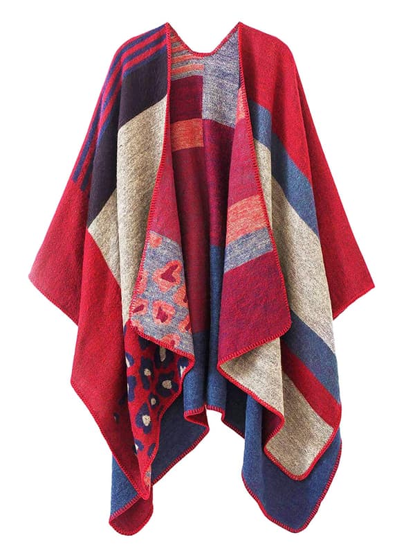 Dame Poncho Strikket Oversized Teppe Cape Skjerf red
