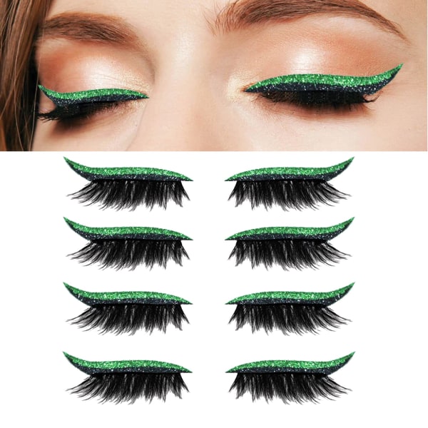 Falske øjenvipper Eyeliner, 4 par genanvendelige eyeliner og øjenvippeklistermærker 2 i 1 Eye Glitter Shiny Makeup Eyeliner Sticker Grøn 02 Green