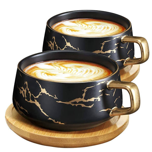 2 stk. Cappuccino kopper med underkop, Marmor kop, 300ml porcelæn Espresso kopper til te kaffe Cappuccino, Kaffe kopper med træskive (Sort*2) Black*2