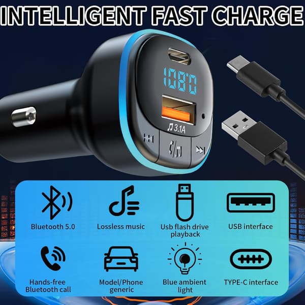 Bluetooth 5.0 FM Transmitter, Håndfri Bluetooth Adapter med 5V/3.1A USB + Type C, Bluetooth Bil Musikafspiller med Blåt Ambient Lys