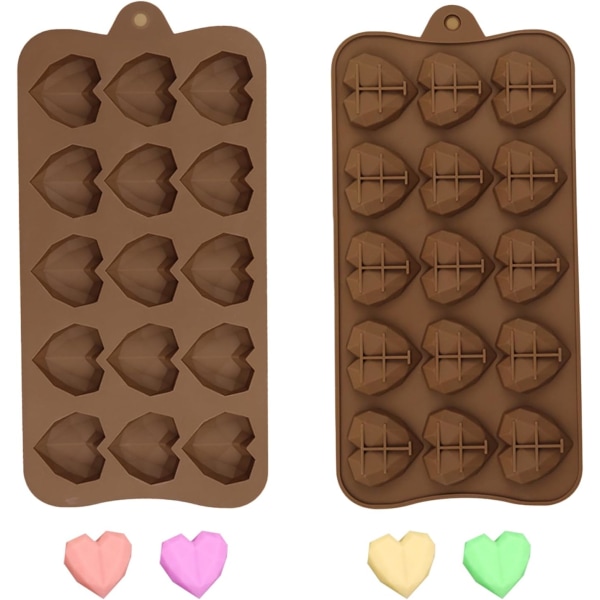 2 STK Hjerteformede silikonsjokoladeformer - 15 hull, gjenbrukbart brett for baking av kaker, sjokolade og mer - Perfekt for feriefester og DIY