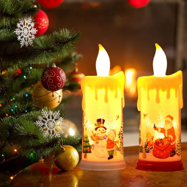 2 stk. julelys uten flamme, batteridrevne LED-pillarlys, julelys med julemann og snømann-klistremerker, varmt lys