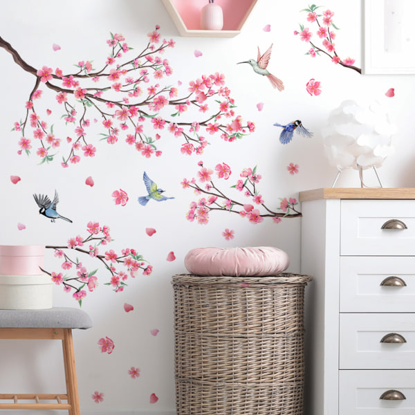 Cherry Blossom Branch Veggklistremerker Rosa Blomst Fugler Veggdekor Soverom Stue TV Vegg Innredning