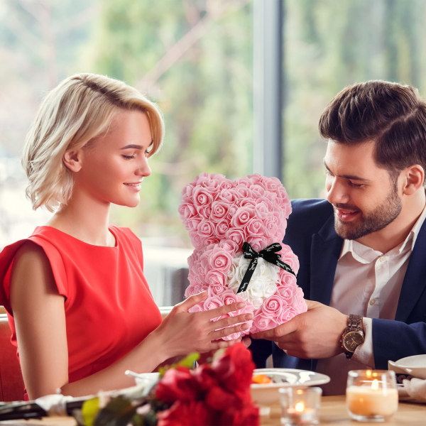 Gåvor till kvinnor, födelsedagspresenter, rosblomsbjörn - handgjord rosteddybjörn, bästa konstgjorda dekorationspresenter till mamma (ljusrosa) Light Pink