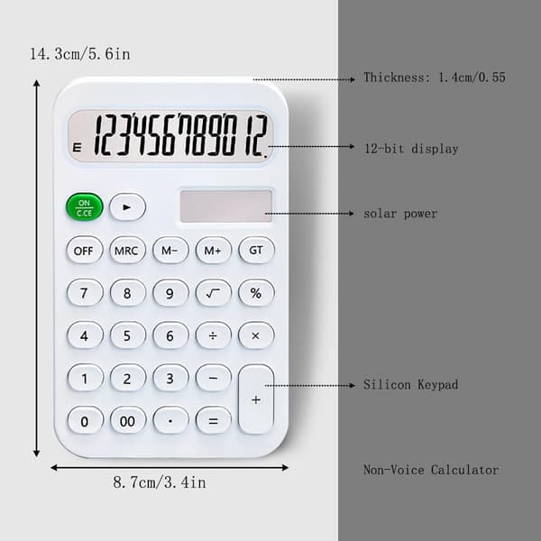 Standardkalkylator 12 siffror, skrivbord dubbel ström batteri och sol, skrivbordskalkylator med stor LCD-skärm vit