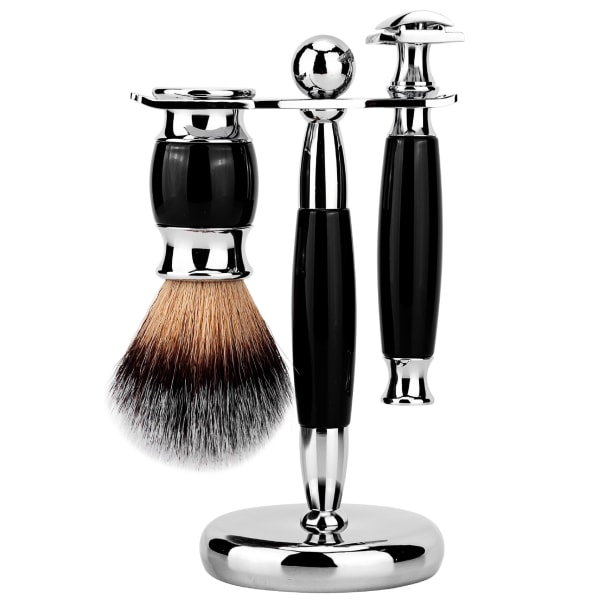 3 stk/sett Barberbørstesett, skjeggbarberbørste for menn Barberverktøy med luksuriøs barberbørsteholder i rustfritt stål for barberhøvel og børste