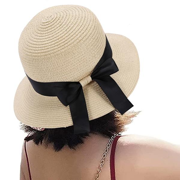 Kvinners sommer stråhatt solhatt UV-beskyttelse strandcaps foldbar visir floppy hatt bred brem med stropp sløyfe yellow
