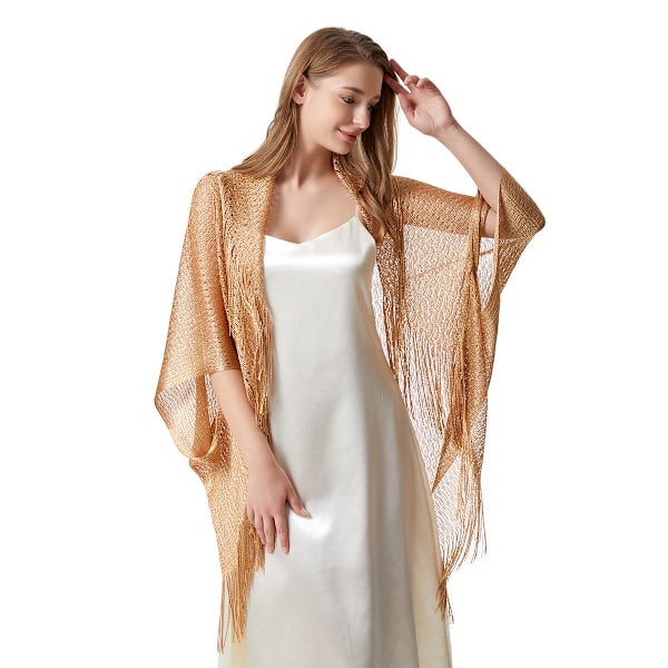 Sommar Sheer Shrug Top Öppen Fram Cardigan Strand Tunn Mjuk Hål Tofs Sjal för Kvinnor Flickor Gold