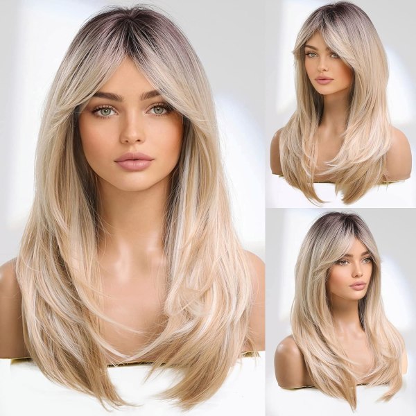 Blond peruk för kvinnor, långt naturligt syntetiskt hår, kvinnor, värmebeständig fiber, ljus gyllene peruk, 22 tum