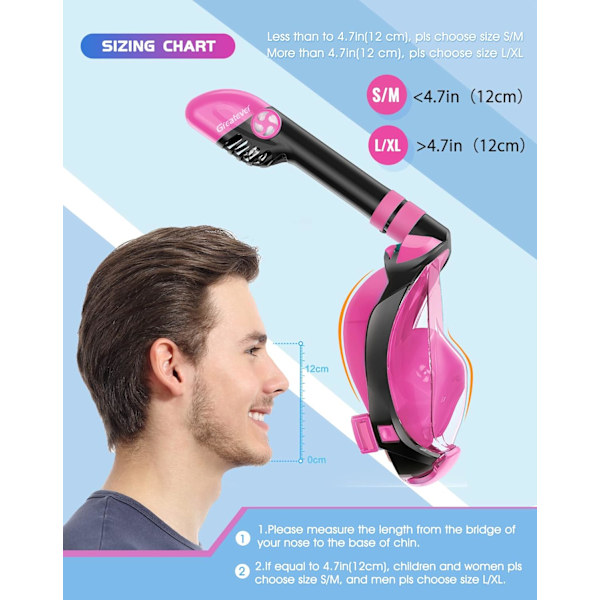 Helmask Snorkelmask med Senaste Torrt Opp System, Vikbar 180 Graders Panoramasyn Snorkling Mask - Rosa - L