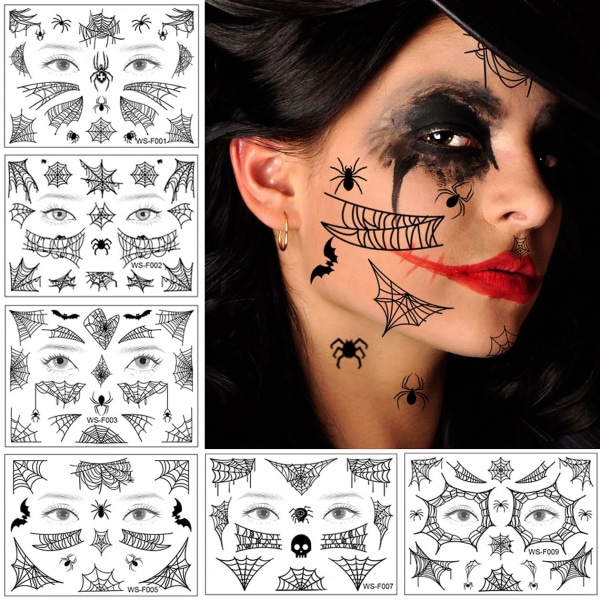 6 arkkia Halloween-kasvotarrat, halloween-meikkihämähäkkitatuointi, halloween-tatuoinnit aikuisille lapsille, naisille, noita-asusteet hämähäkki