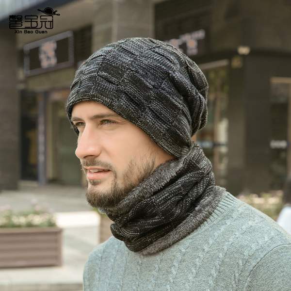 Herrar Mössa Halsduk Set Casual Mössa Stickad Mössa Vintermössa Herrar Varm Vintermössa med Fleecefoder black+grey