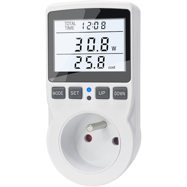 Effektmätare med Uttag Wattmätare, Strömförbrukning med 11 Lägen, Bakgrundsbelyst LCD-Display, Energibesparing, Överbelastningsskydd, 3680W