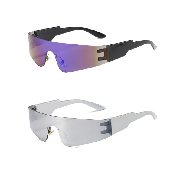 Innfatningsløse solbriller, 2 futuristiske briller, Ugly Cyclops-solbriller, Space-briller, Alien-brillesett, morsomme briller (sølv, svart)