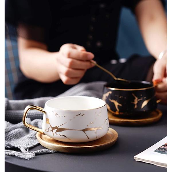 Cappuccino Kopper med Underkopper, 300ml Porcelæn Espresso Kopper til Te Kaffe Cappuccino, Kaffe Kopper med Træskive - Hvid White