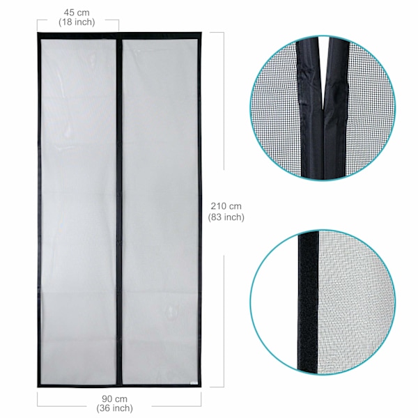 Myggnät dörr, magnetisk insektsskydd balkongdörr 90 x 210 cm, kattsäker, starkare magneter, 3,8 cm bred kardborreband, kan inte förkortas black 90*210cm