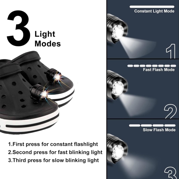 2 stk, 3 moduser LED-lommelykt, campingtilbehør  lys som varer 145 timer,  vanntett sko-sjarmpynt Croc-frontlykter（svart） Black