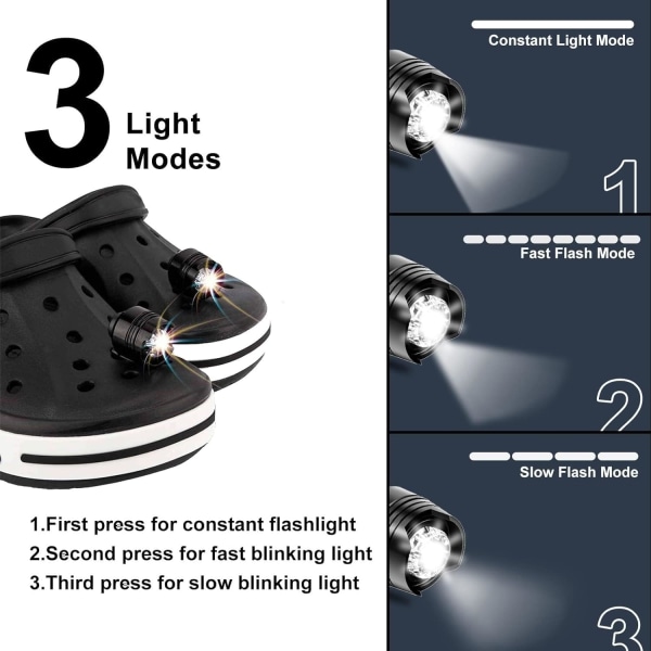2 STK, LED-lommelygte med 3 tilstande, Campingtilbehør Lys, der varer 145 timer, Vandtæt Sko Charm Dekoration Croc Forlygter（Sort） Black