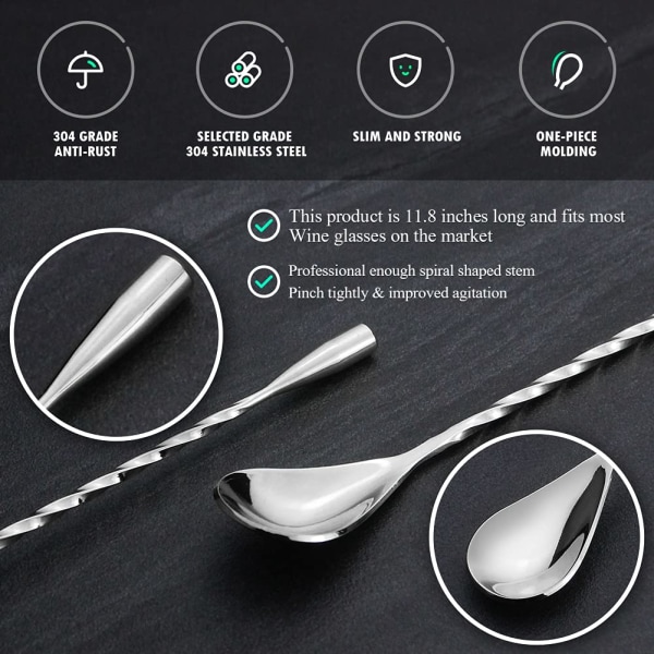 Rostfria cocktailblandningssked Bar Sked Långt handtag Lång cocktailomrörare för bartender Perfekt för att blanda och förvara drycker 30cm Silver Silver