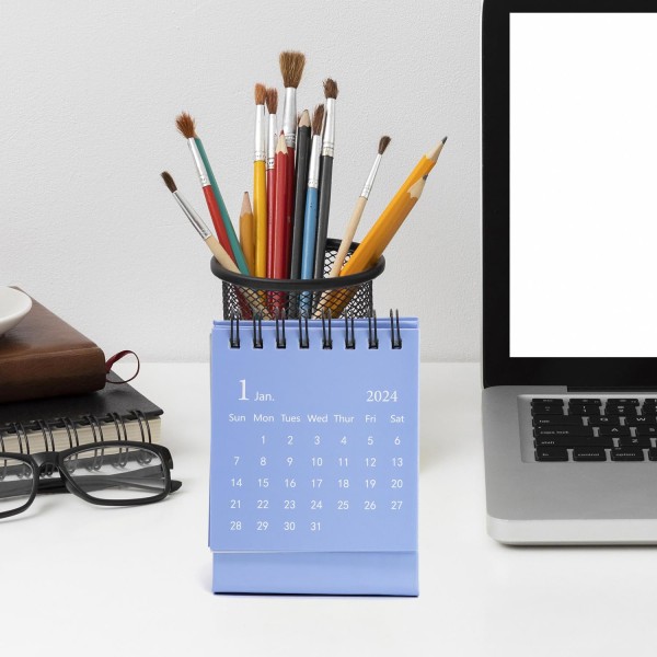 Mini skrivebordskalender, liten skrivebordskalender, mini skrivebordskalender 2023 august-2024 desember, mini daglig tidsplan liten skrivebordskalender med klistremerker (blå) sky blue