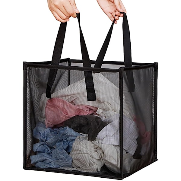 Mesh Pop Up Tvättkorg med Handtag Bärbar och Hopvikbar Tvättkorg Fällbar Förvaringsorganisatör (Svart-Enkellager)