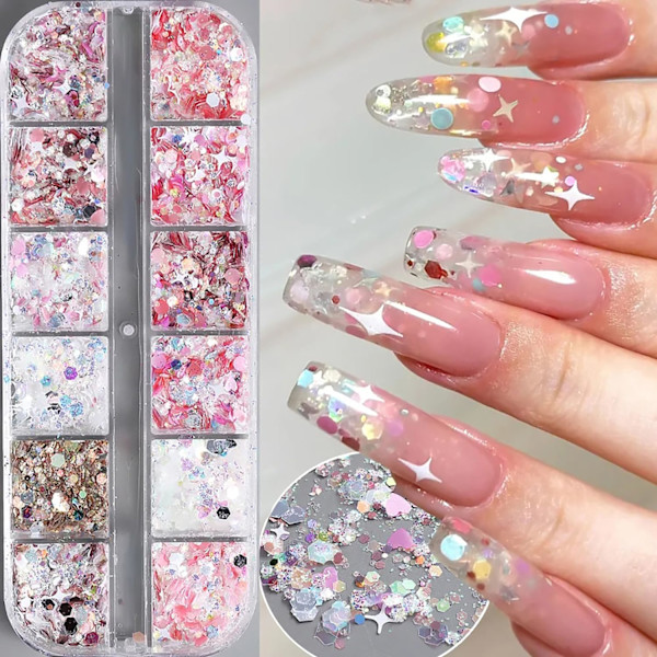 12 väriä kuusikulmainen paksu glitter holografinen askartelu tarrat paljetit sydän kynsi taide glitter merenneito jauhe hiutaleet kiiltävät helmet tähti paljetit