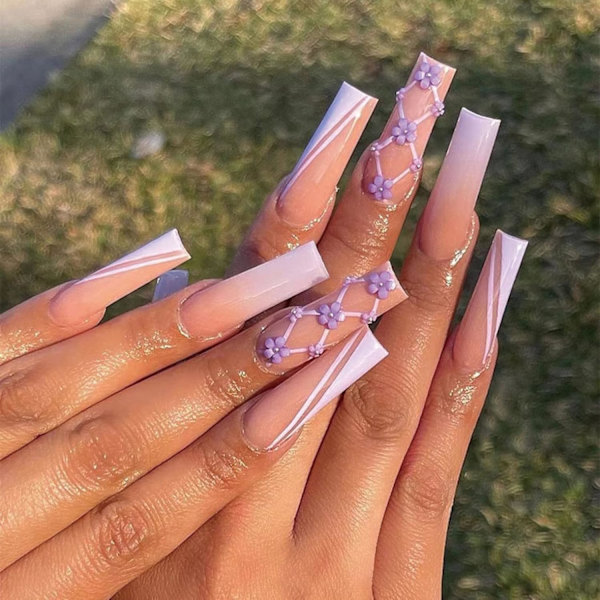 24st Långa Kvadratiska Fulltäckande Falska Naglar med Blomsterdesign och Strass Dekorationer - Falska Naglar, Tips, Bärbara, Press-on Naglar, Manikyr