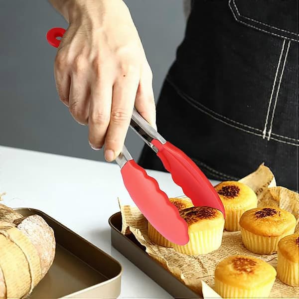 Serveringstång i rostfritt stål med halkfritt silikongrepp för servering och matlagning (Röd 18 cm)