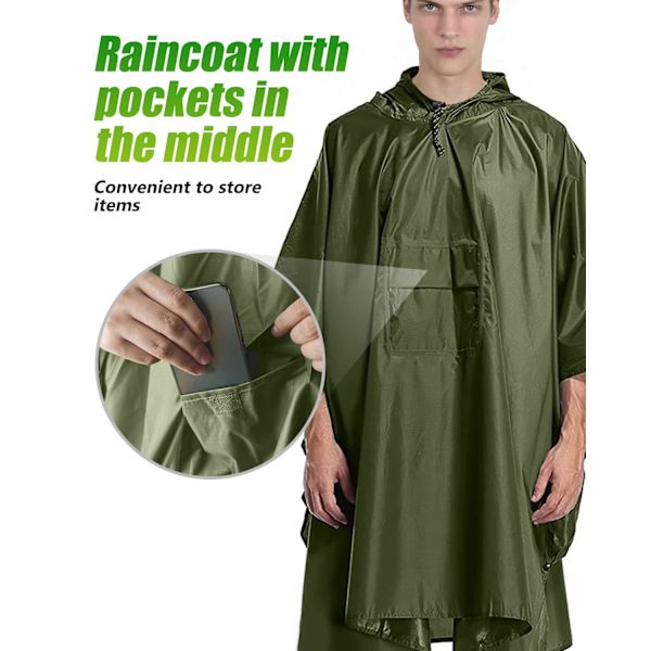 Vattentät Poncho Vuxen, Återanvändbar Regnponcho Vuxen Vattentät Poncho Vattentät Vuxen Lätt Vattentät Regnrock ArmyGreen