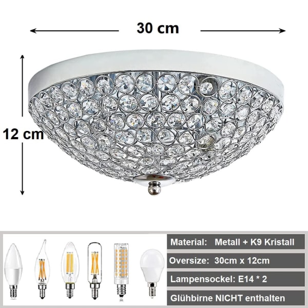 LED-kronkristall taklampa, modern taklampa med elegant design, bredd 30 x höjd 12 cm, 2 lamphållare, glödlampa ingår ej