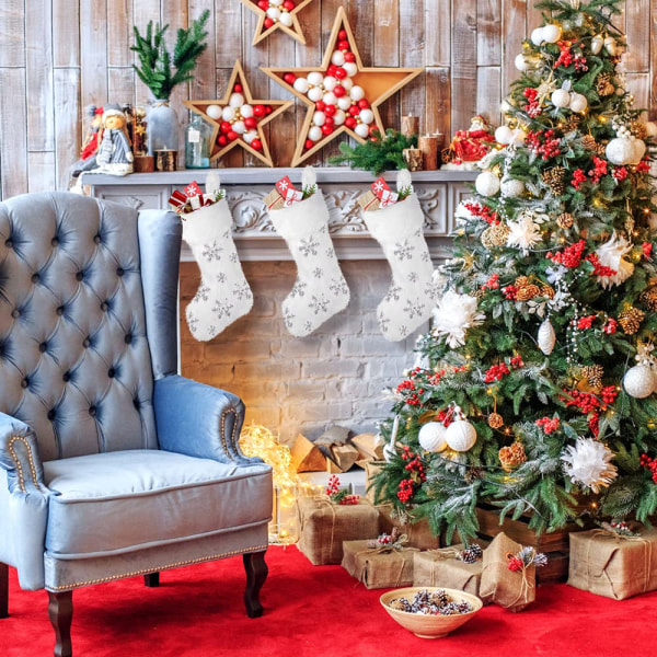 3 pakke julestrømper, hvit fuskepels stor plysj hengende glitter snøfnugg julestrømper til julefest Peispynt40*18cm